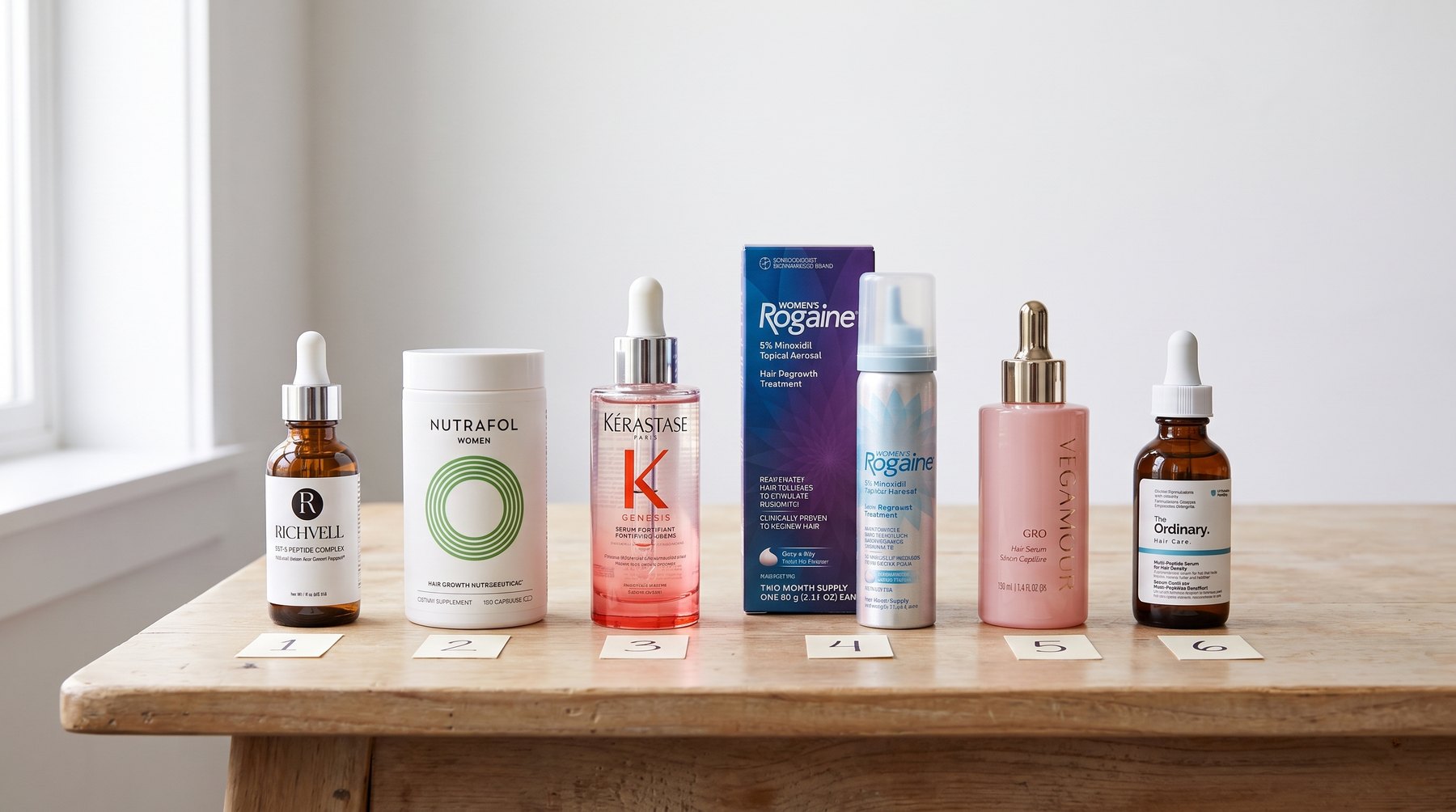 The six tested products side by side: Richvell FST-5, Nutrafol Women, Kérastase Genesis, Women's Rogaine, Vegamour GRO, The Ordinary